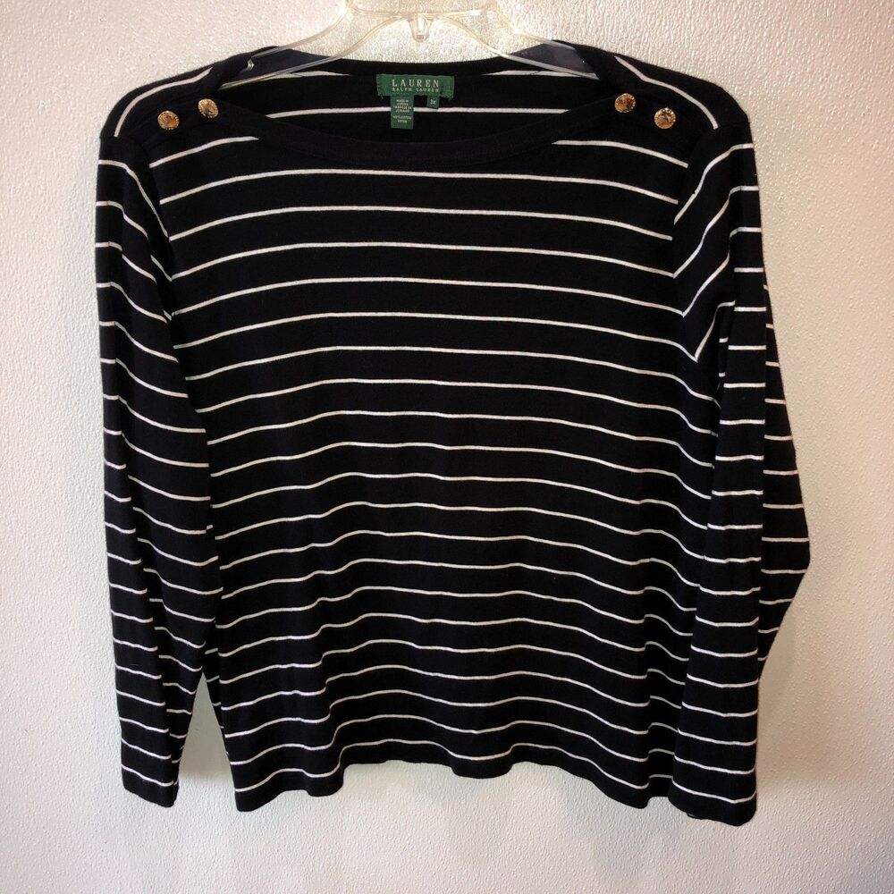 Lauren Ralph Lauren Womens 3X Black White Striped L/S Shirt Top Tee Epaulets - Picture 3 of 8